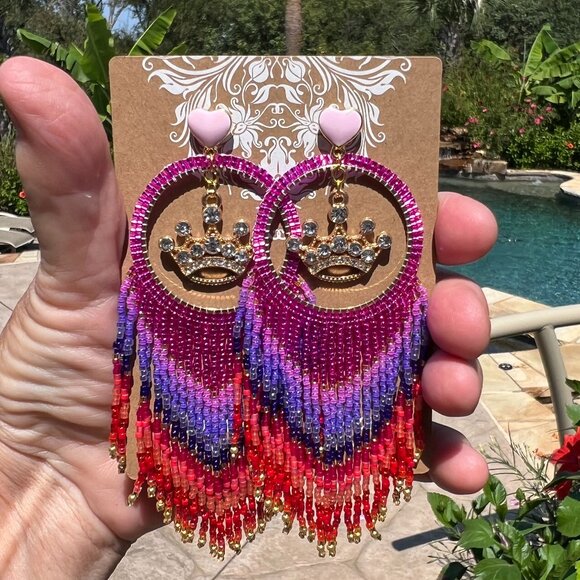 Handmade Beaded Queen Long Fringe Dangle Drop Lightweight Post Hoop Earrings Wow - Picture 8 of 9